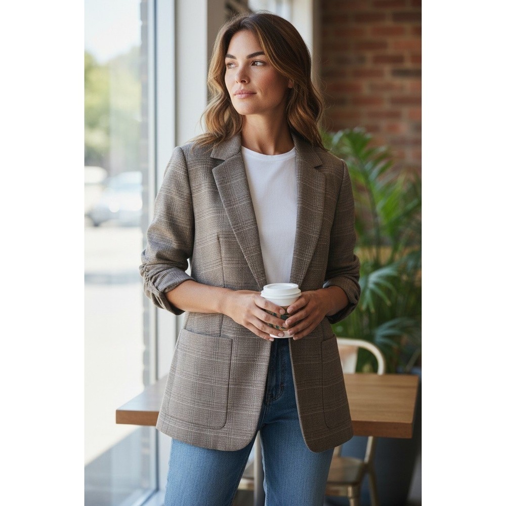 Calvin Klein Blazer Women Brown Glen Plaid 3/4 Sleeve Single Button Size 10